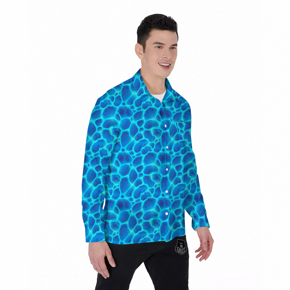 Liquid Lava Ice Blue Print Pattern Men's Long Sleeve Shirts-grizzshop