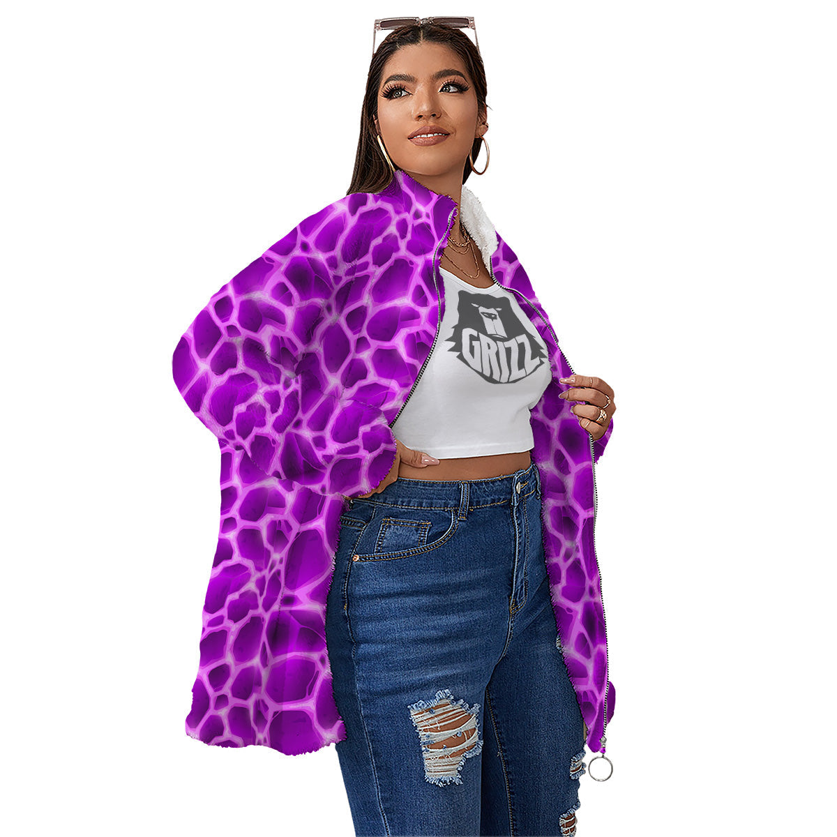 Liquid Lava Purple Print Pattern Women's Sherpa Jacket-grizzshop