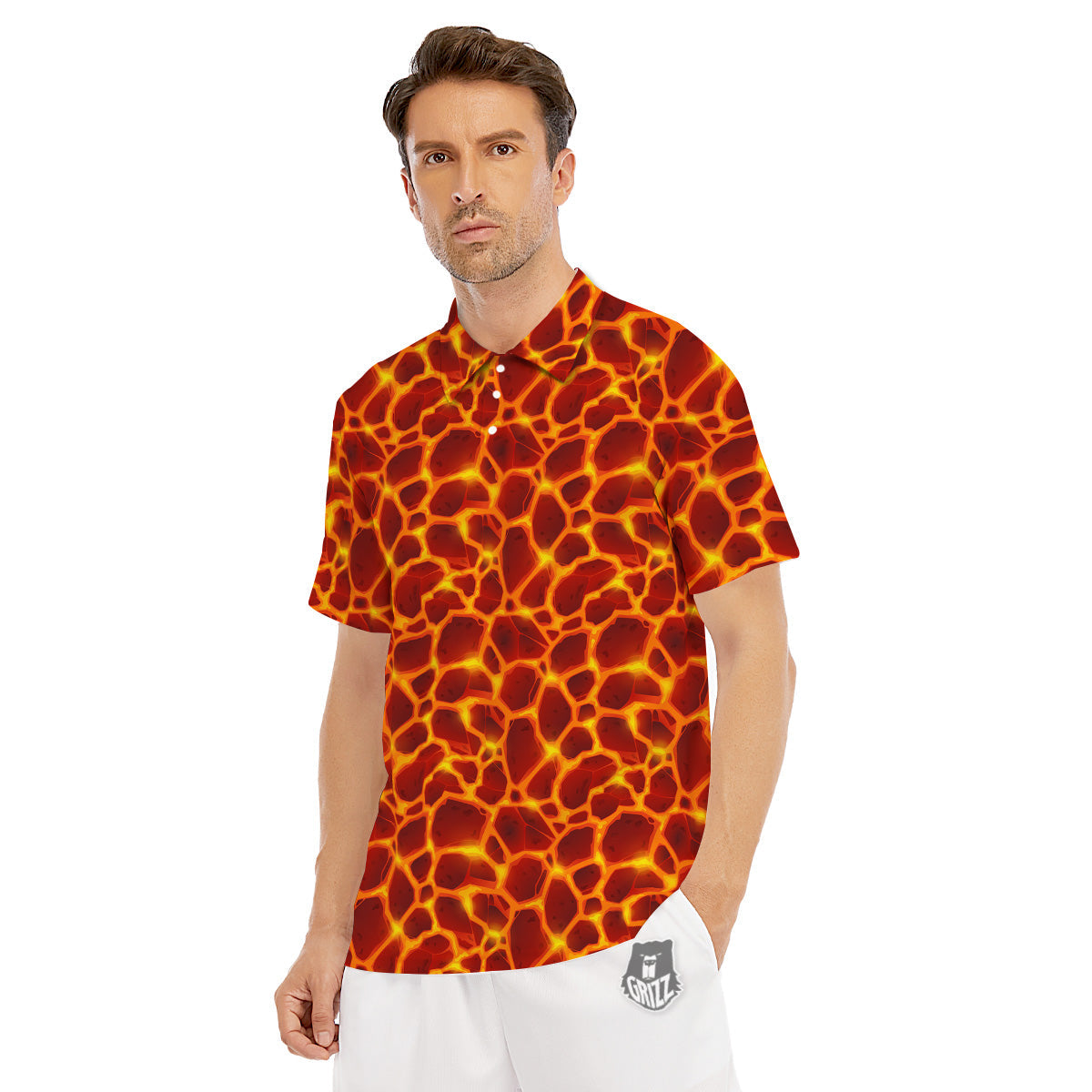 Liquid Lava Red Print Pattern Men's Golf Shirts-grizzshop