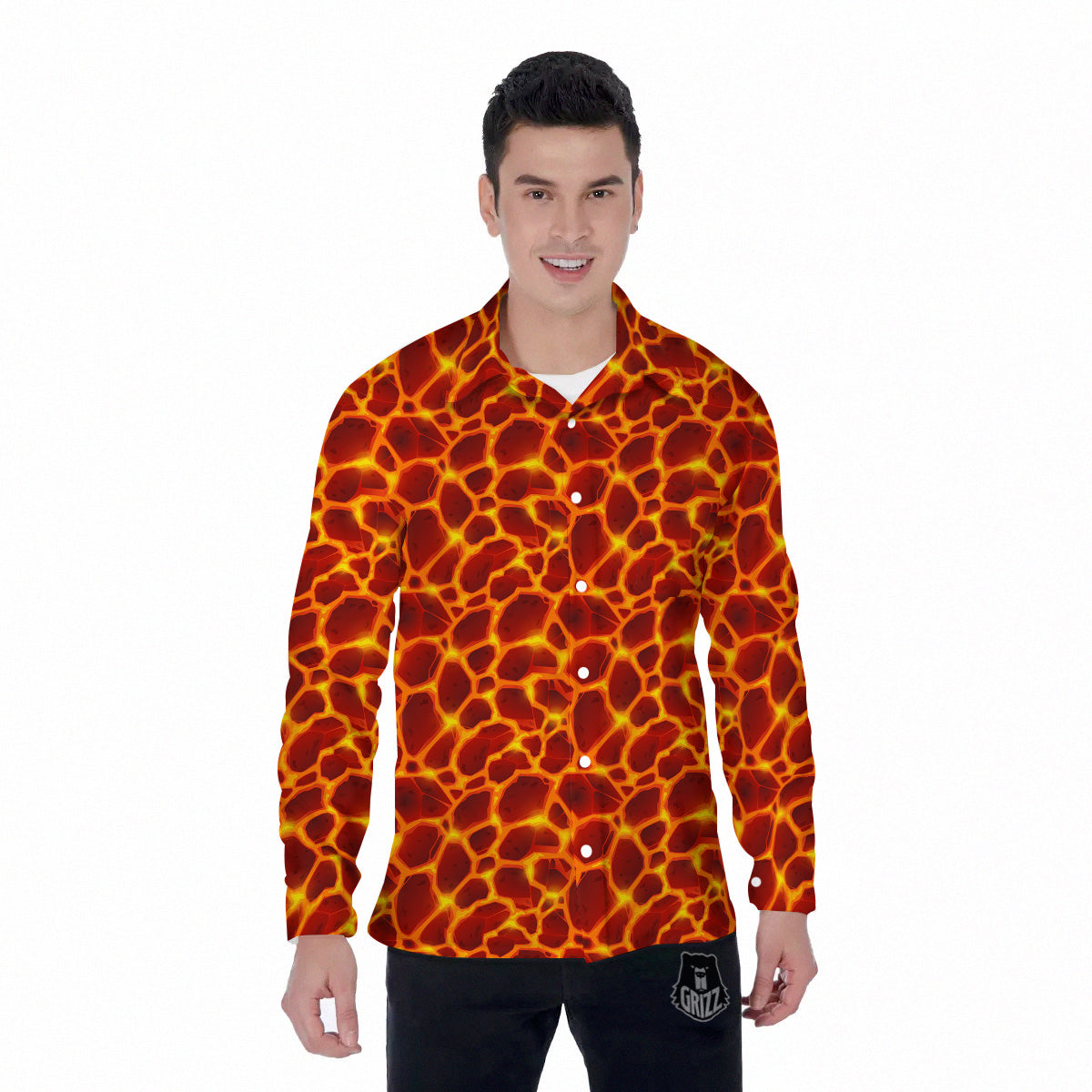 Liquid Lava Red Print Pattern Men's Long Sleeve Shirts-grizzshop