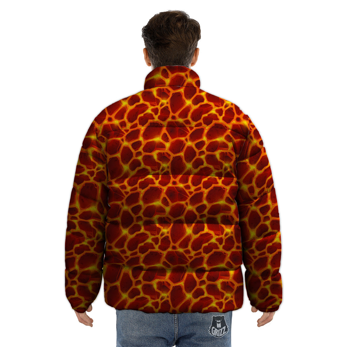 Liquid Lava Red Print Pattern Puffer Jacket-grizzshop