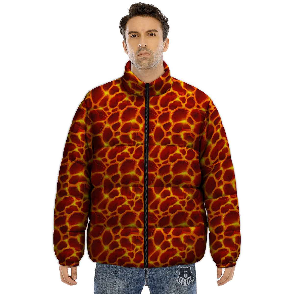 Liquid Lava Red Print Pattern Puffer Jacket-grizzshop