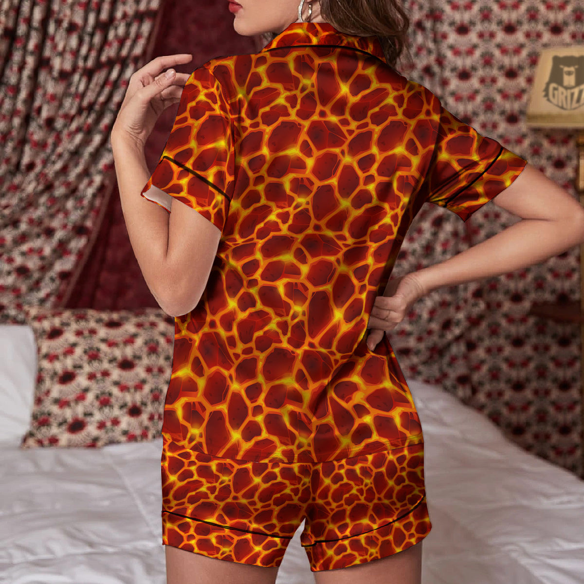 Liquid Lava Red Print Pattern Women Silk Pajamas-grizzshop