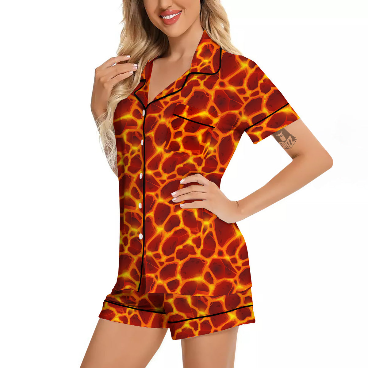 Liquid Lava Red Print Pattern Women Silk Pajamas-grizzshop