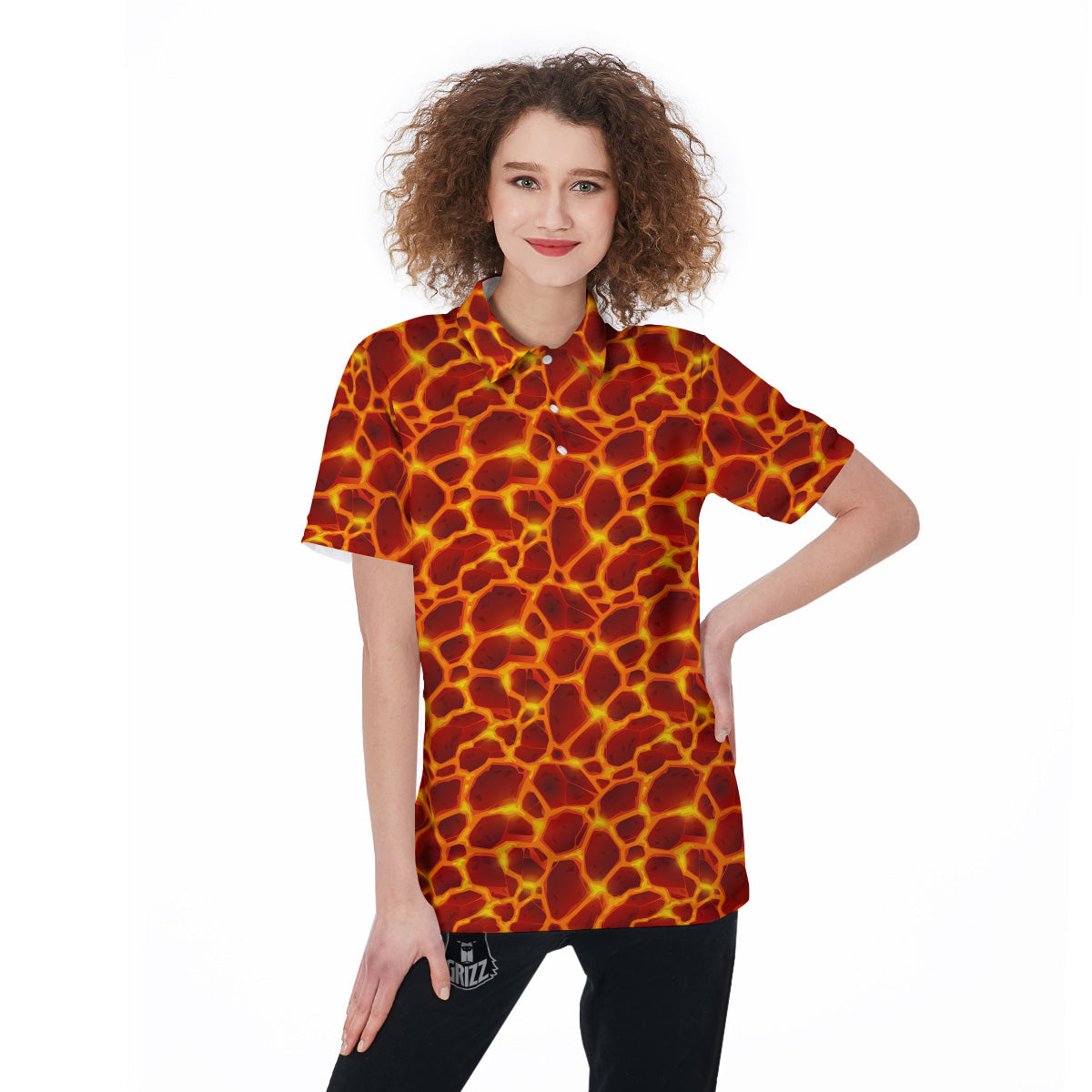Liquid Lava Red Print Pattern Women's Golf Shirts-grizzshop
