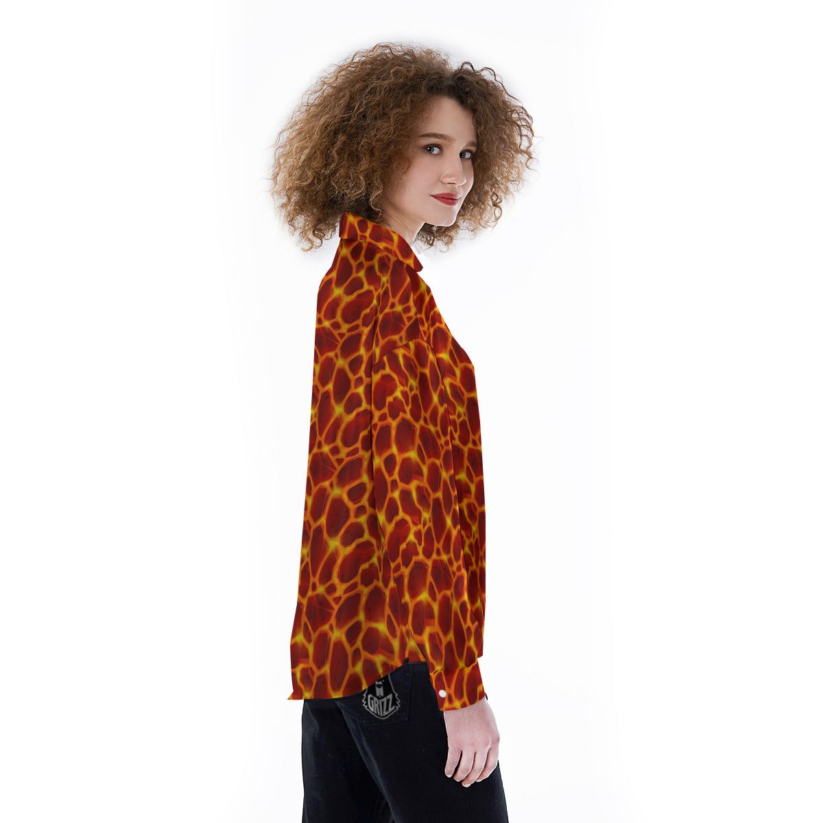Liquid Lava Red Print Pattern Women's Long Sleeve Shirts-grizzshop