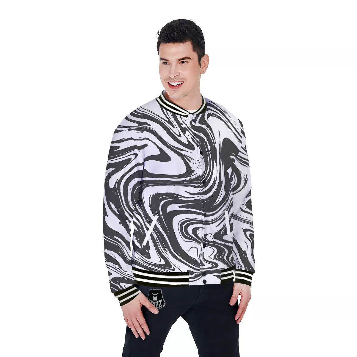Liquid Marble Black White Print Baseball Jacket-grizzshop