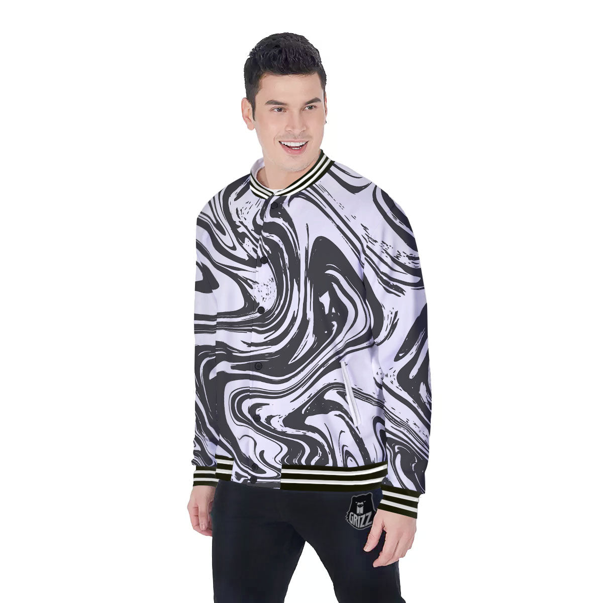 Liquid Marble Black White Print Baseball Jacket-grizzshop