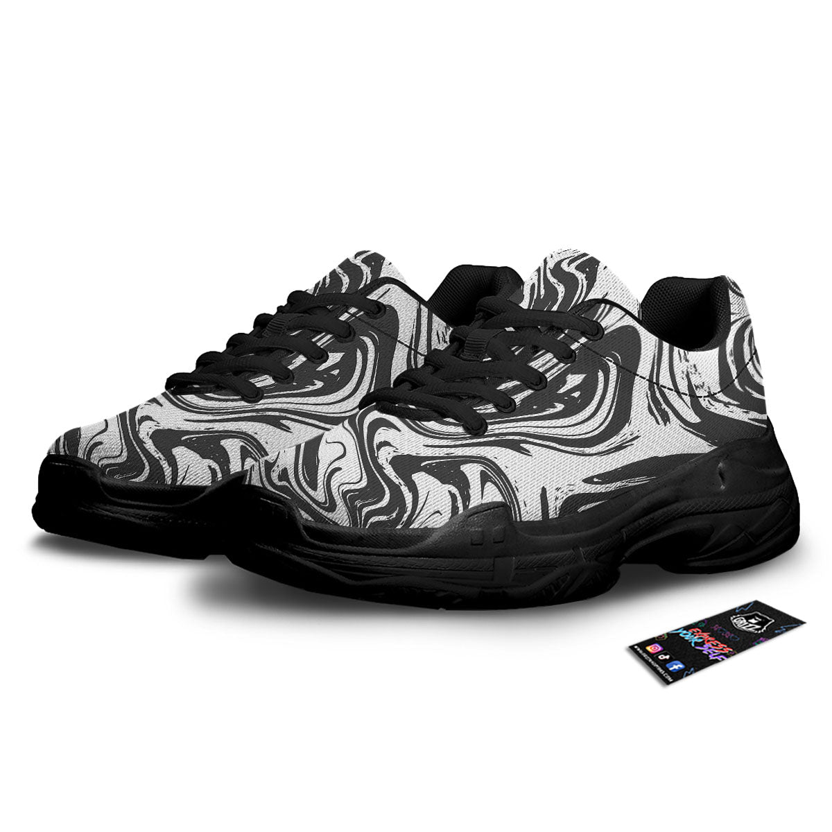 Liquid Marble Black White Print Black Chunky Shoes-grizzshop