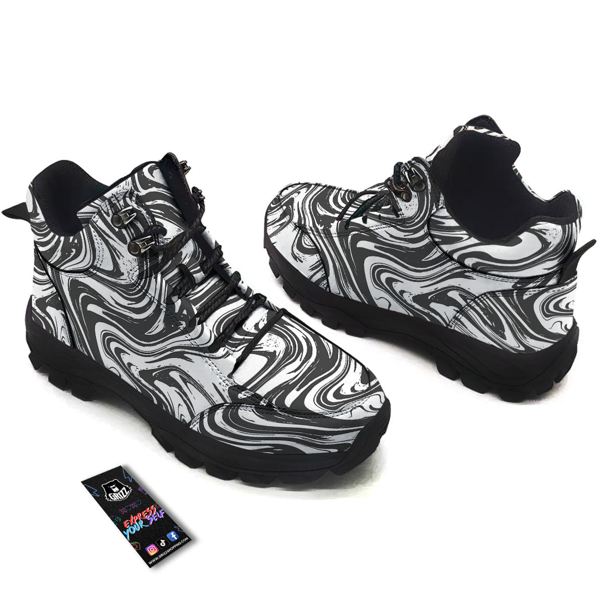 Liquid Marble Black White Print Hiking Shoes-grizzshop