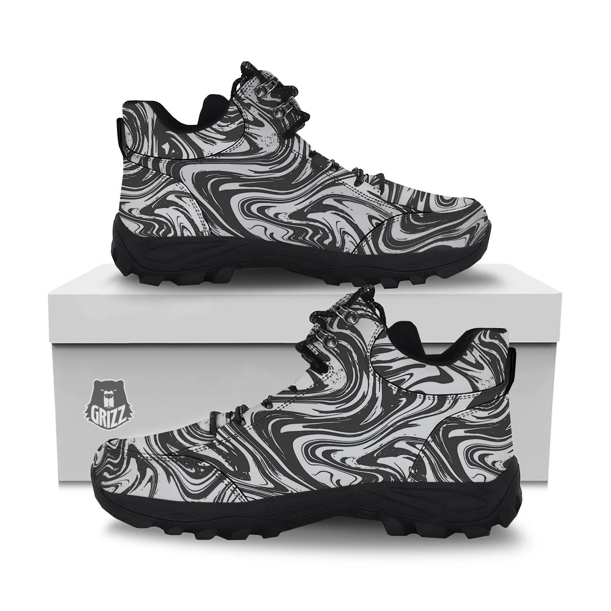Liquid Marble Black White Print Hiking Shoes-grizzshop