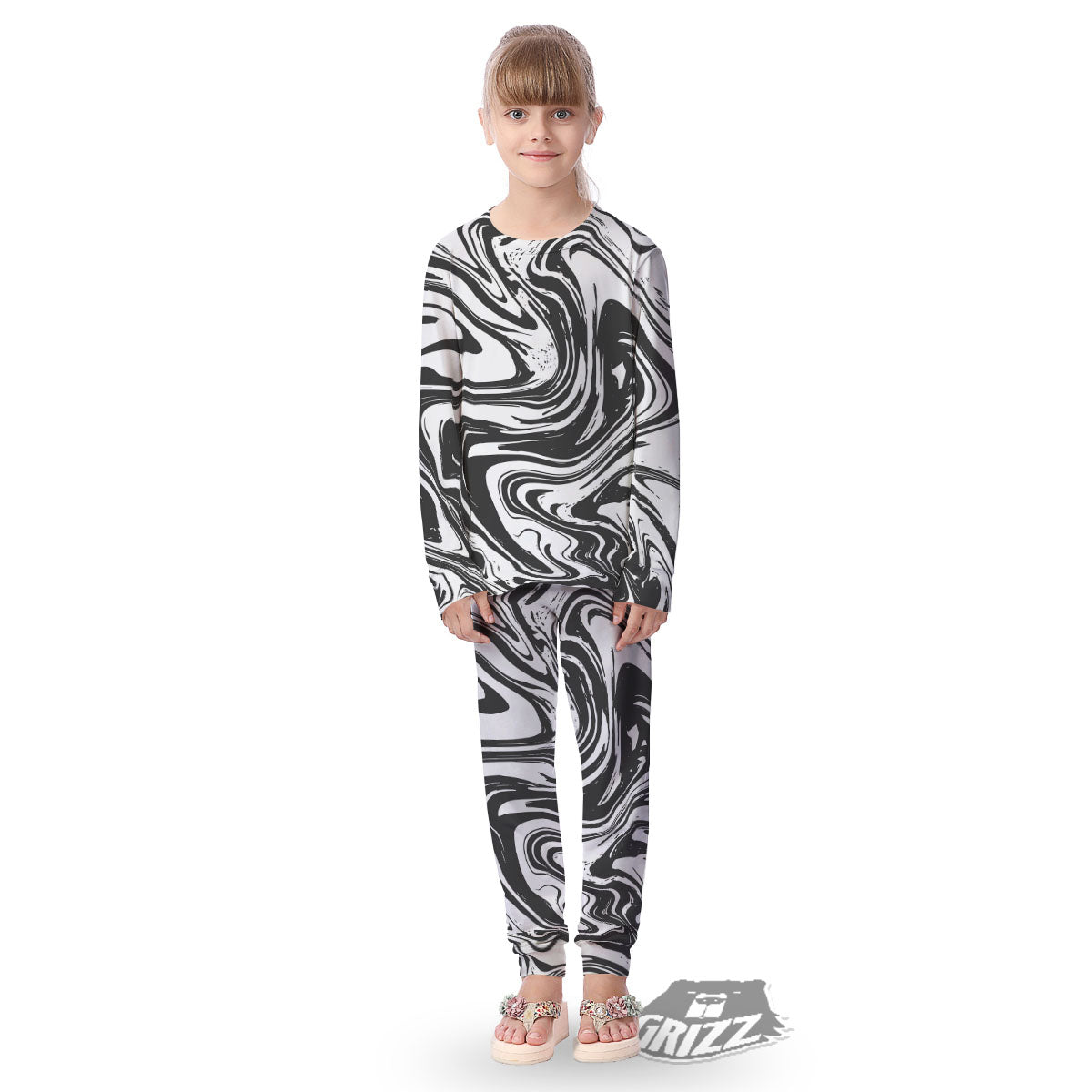 Liquid Marble Black White Print Kid's Pajamas-grizzshop