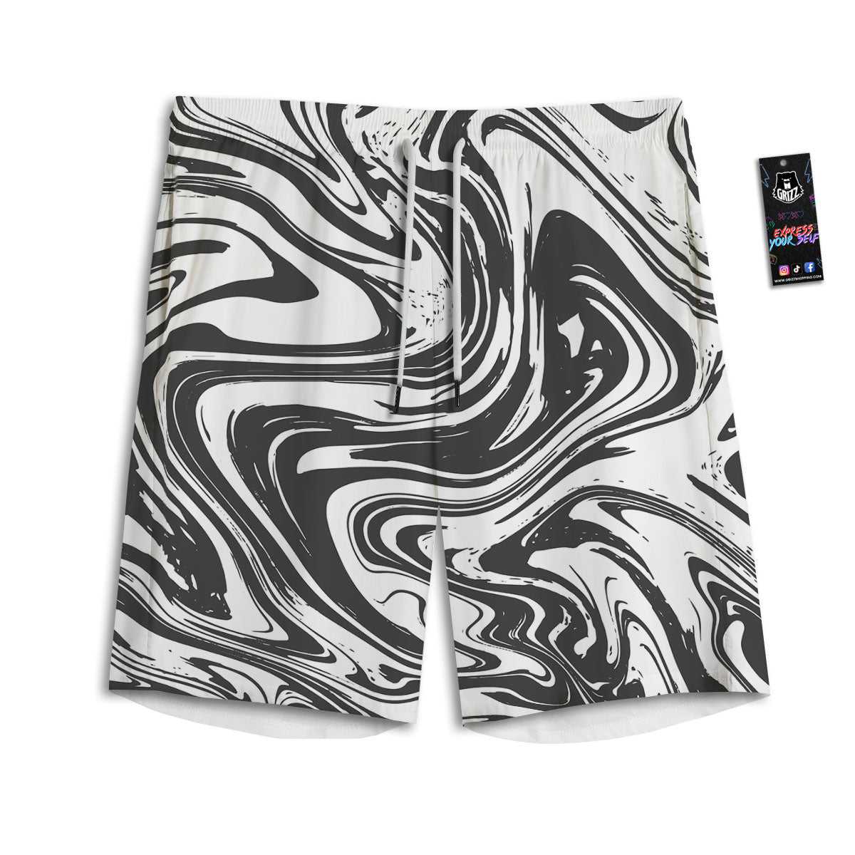 Liquid Marble Black White Print Men's Athletic Shorts