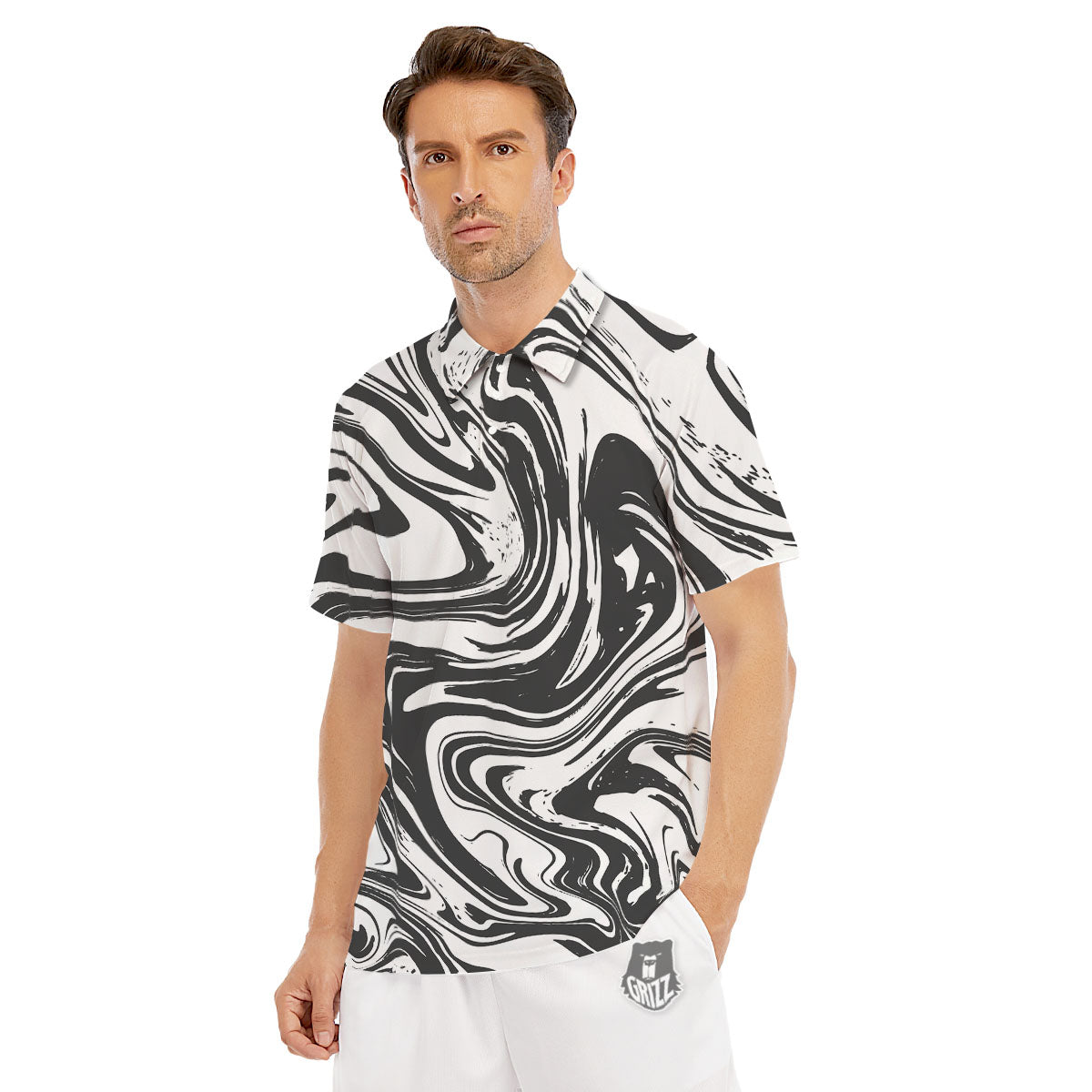 Liquid Marble Black White Print Men's Golf Shirts-grizzshop