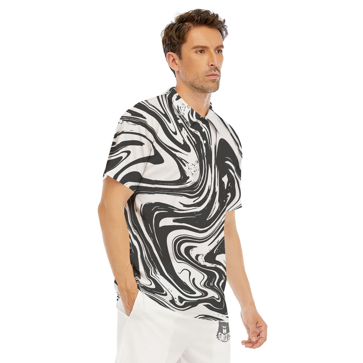 Liquid Marble Black White Print Men's Golf Shirts-grizzshop