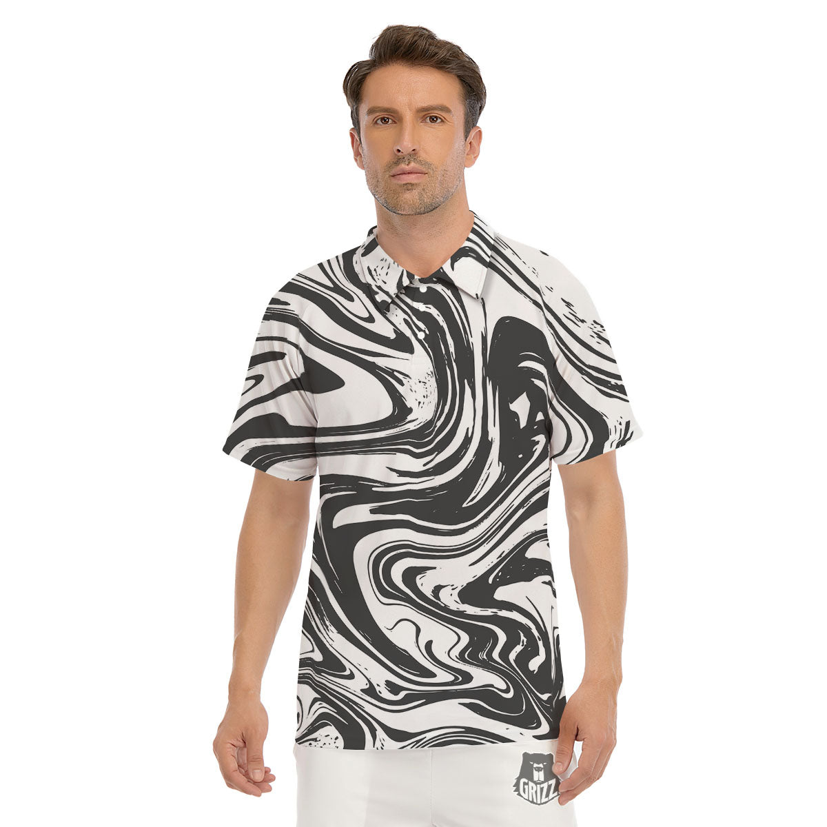 Liquid Marble Black White Print Men's Golf Shirts-grizzshop