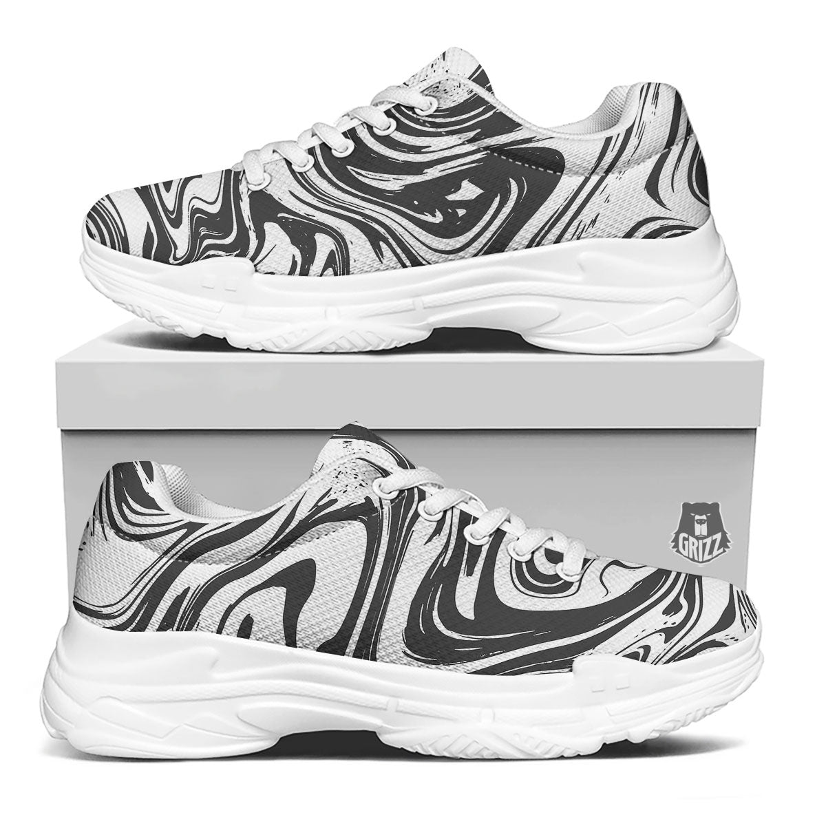 Liquid Marble Black White Print White Chunky Shoes-grizzshop