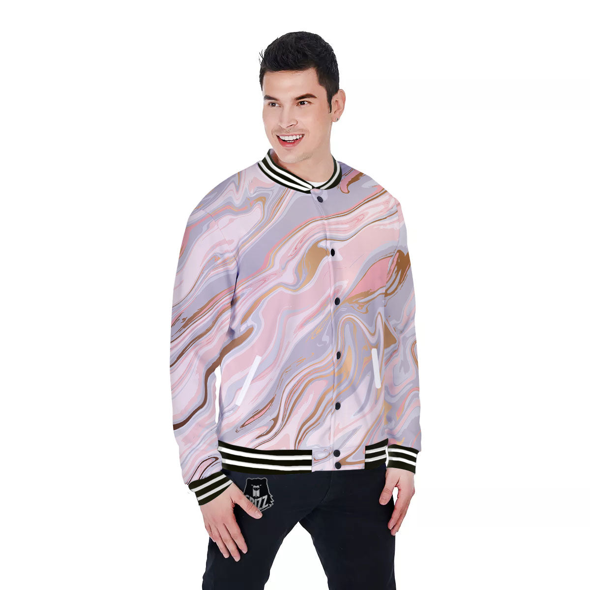 Liquid Marble Pink Print Baseball Jacket-grizzshop