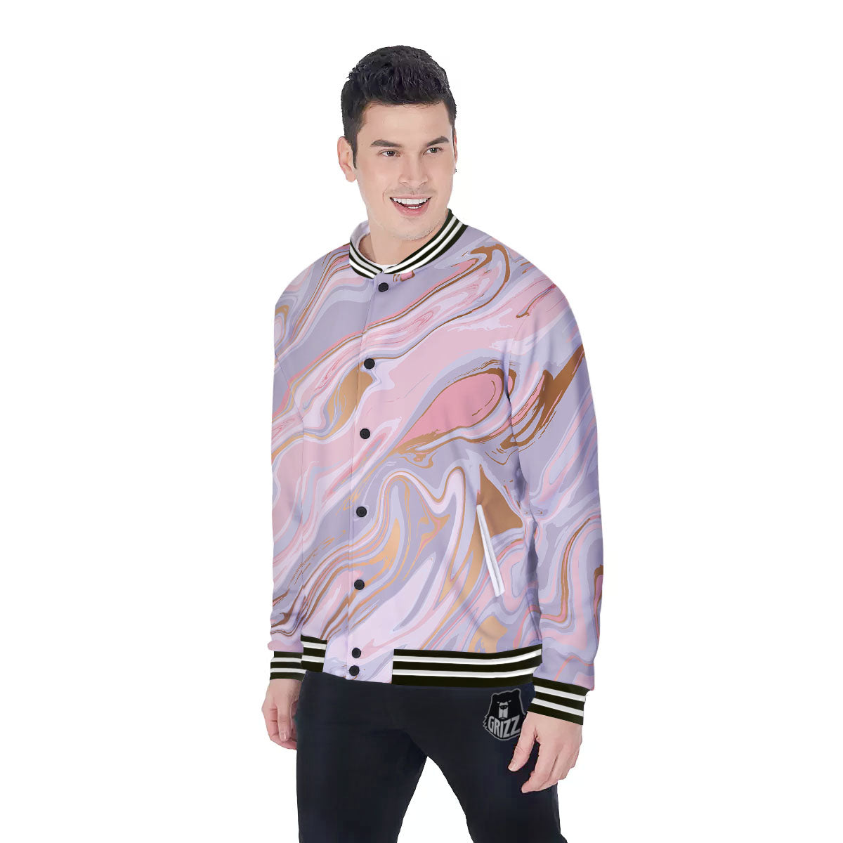 Liquid Marble Pink Print Baseball Jacket-grizzshop