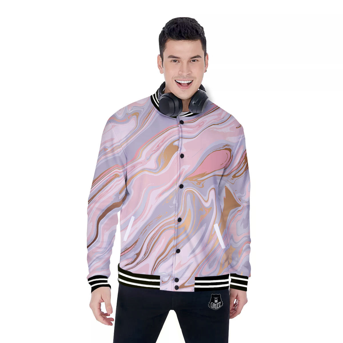 Liquid Marble Pink Print Baseball Jacket-grizzshop
