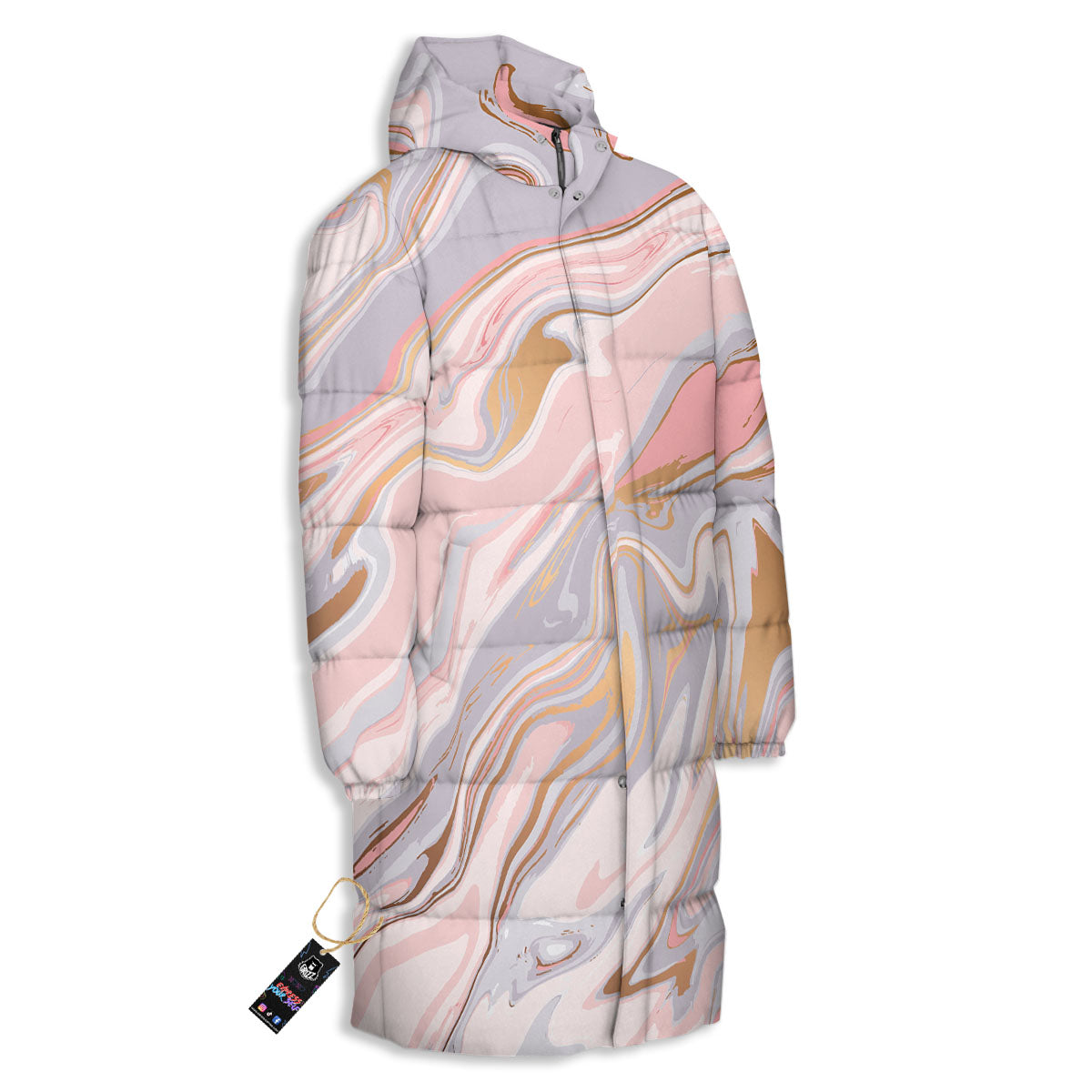 Liquid Marble Pink Print Long Down Jacket-grizzshop