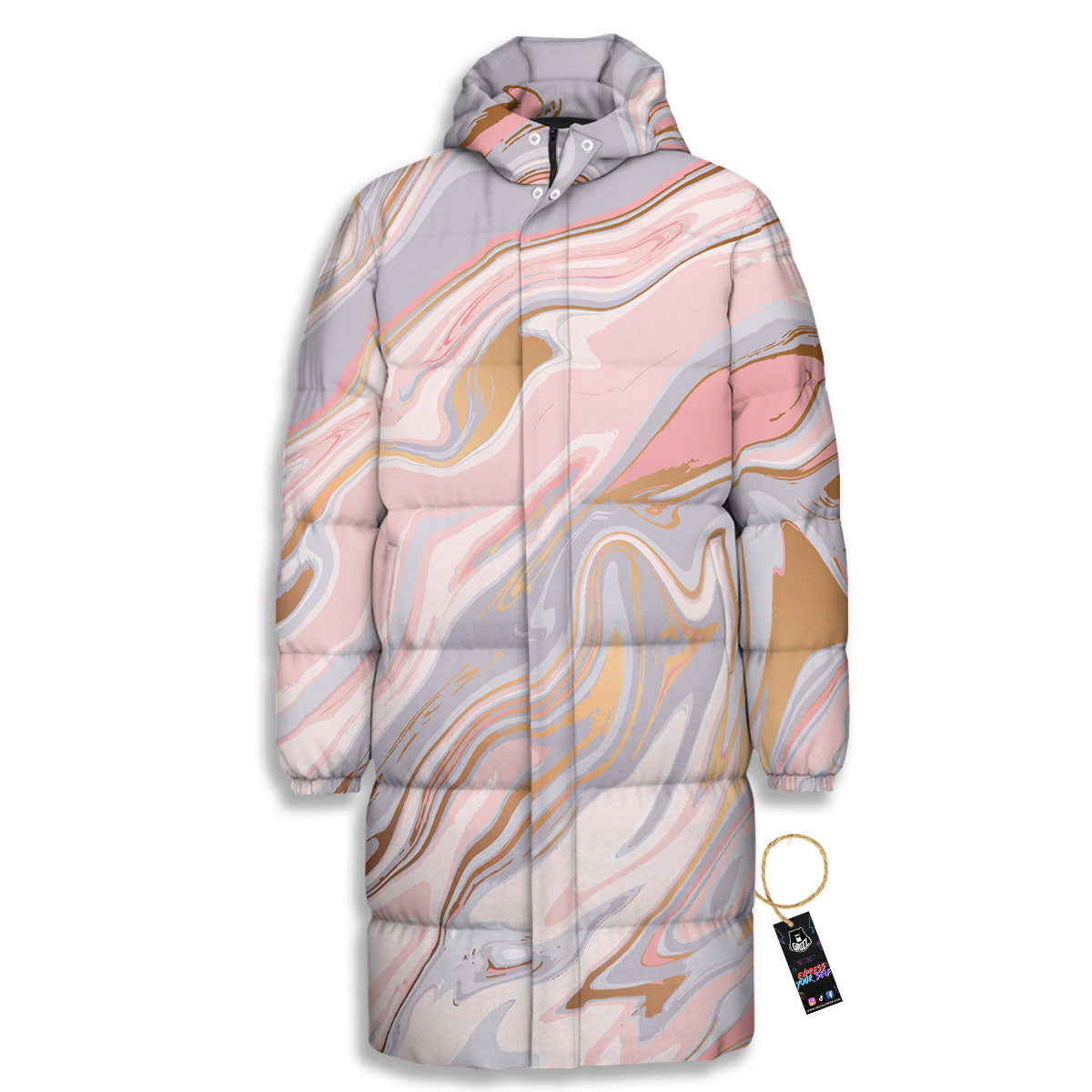 Liquid Marble Pink Print Long Down Jacket-grizzshop