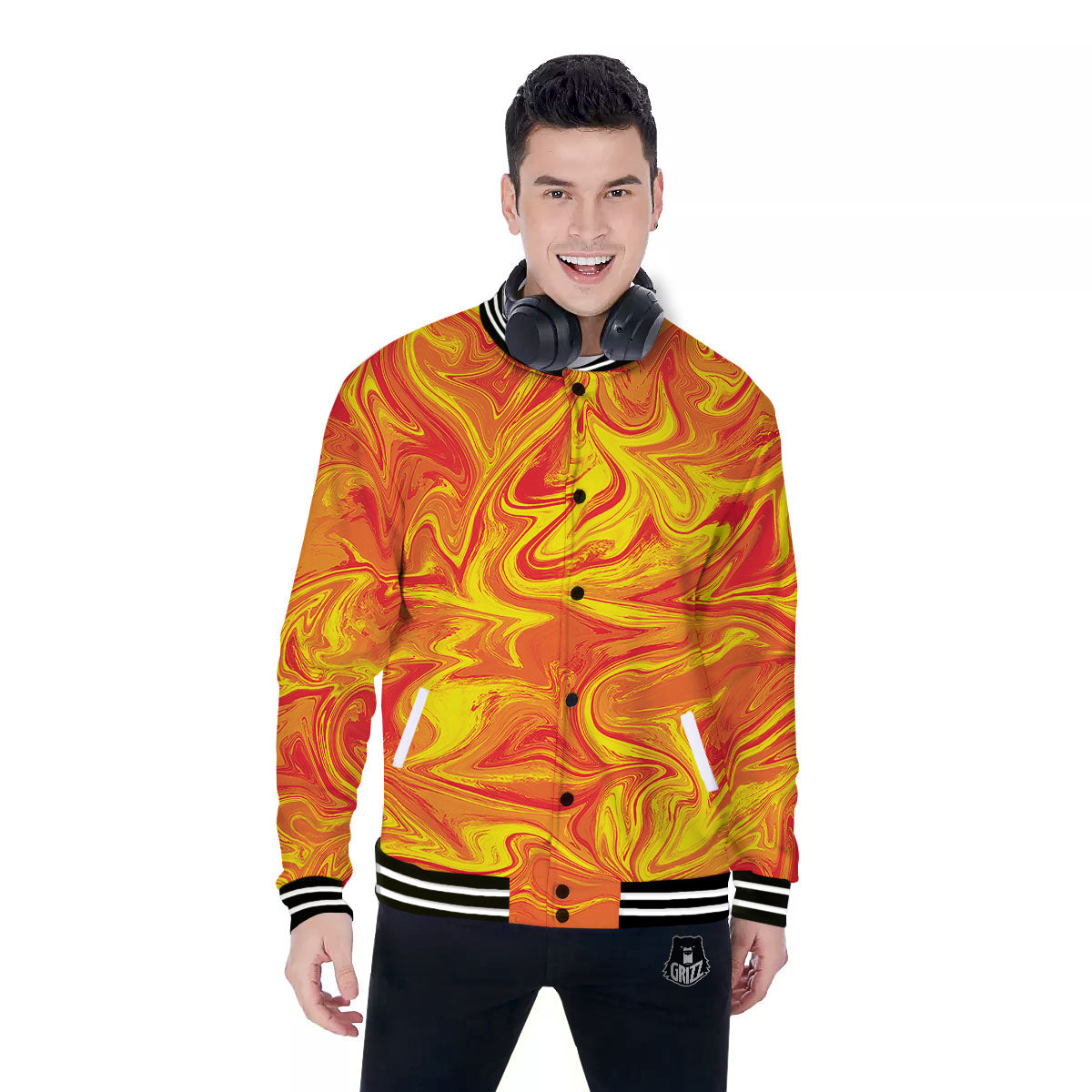 Liquid Psychedelic Trippy Orange Print Baseball Jacket-grizzshop