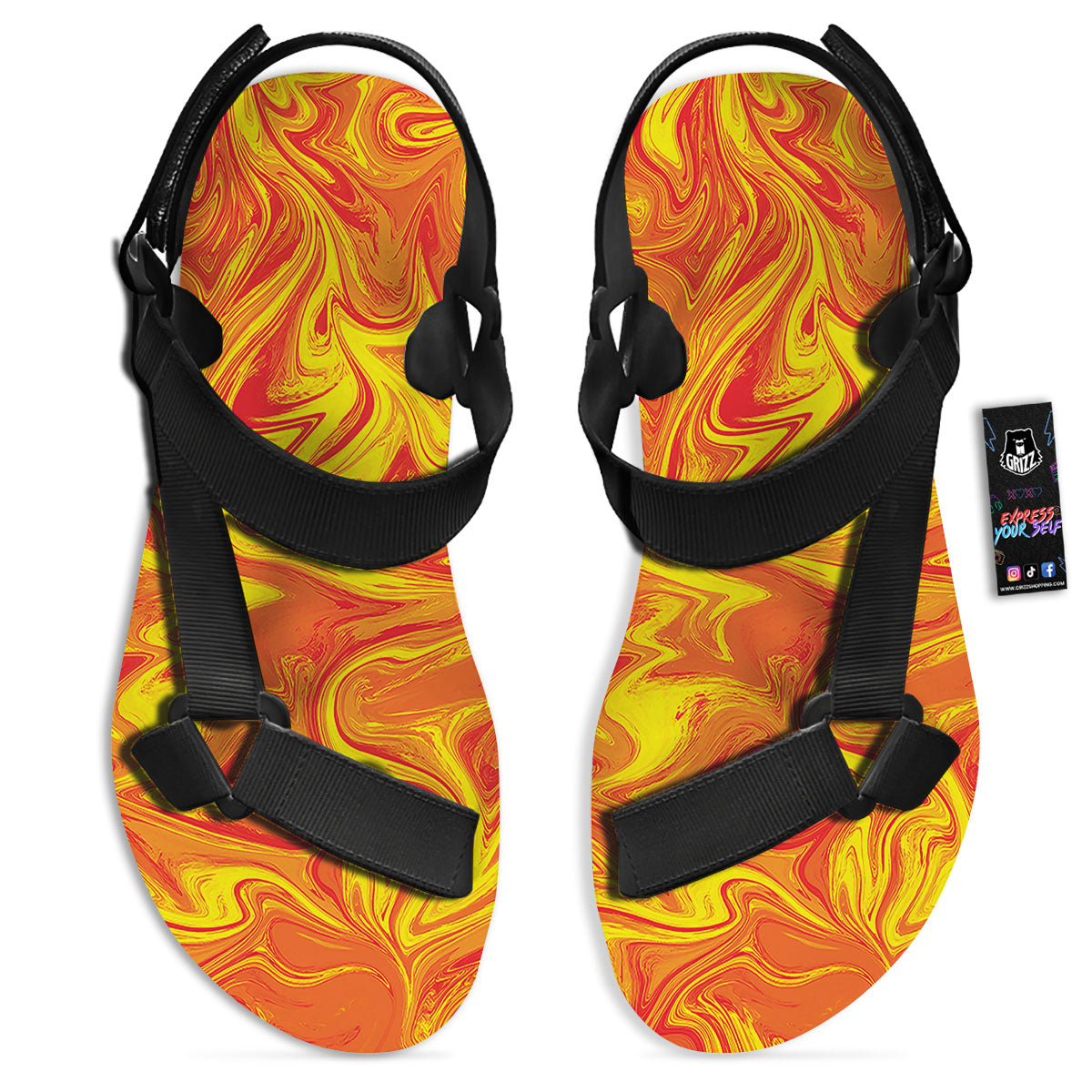 Liquid Psychedelic Trippy Orange Print Black Open Toe Sandals-grizzshop