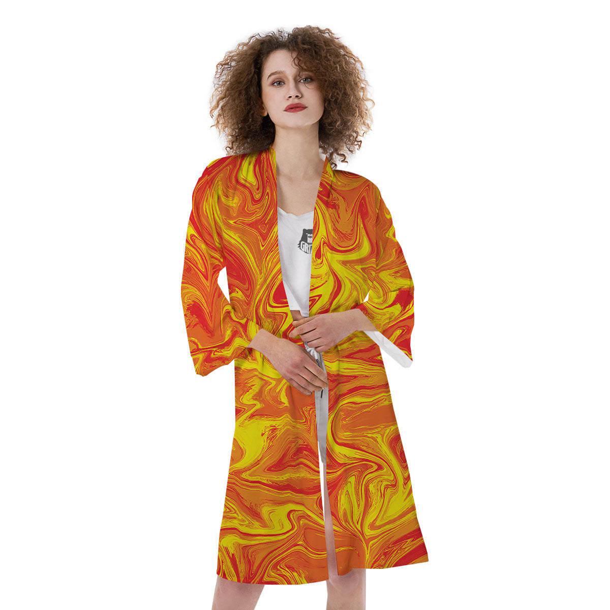 Liquid Psychedelic Trippy Orange Print Kimono-grizzshop
