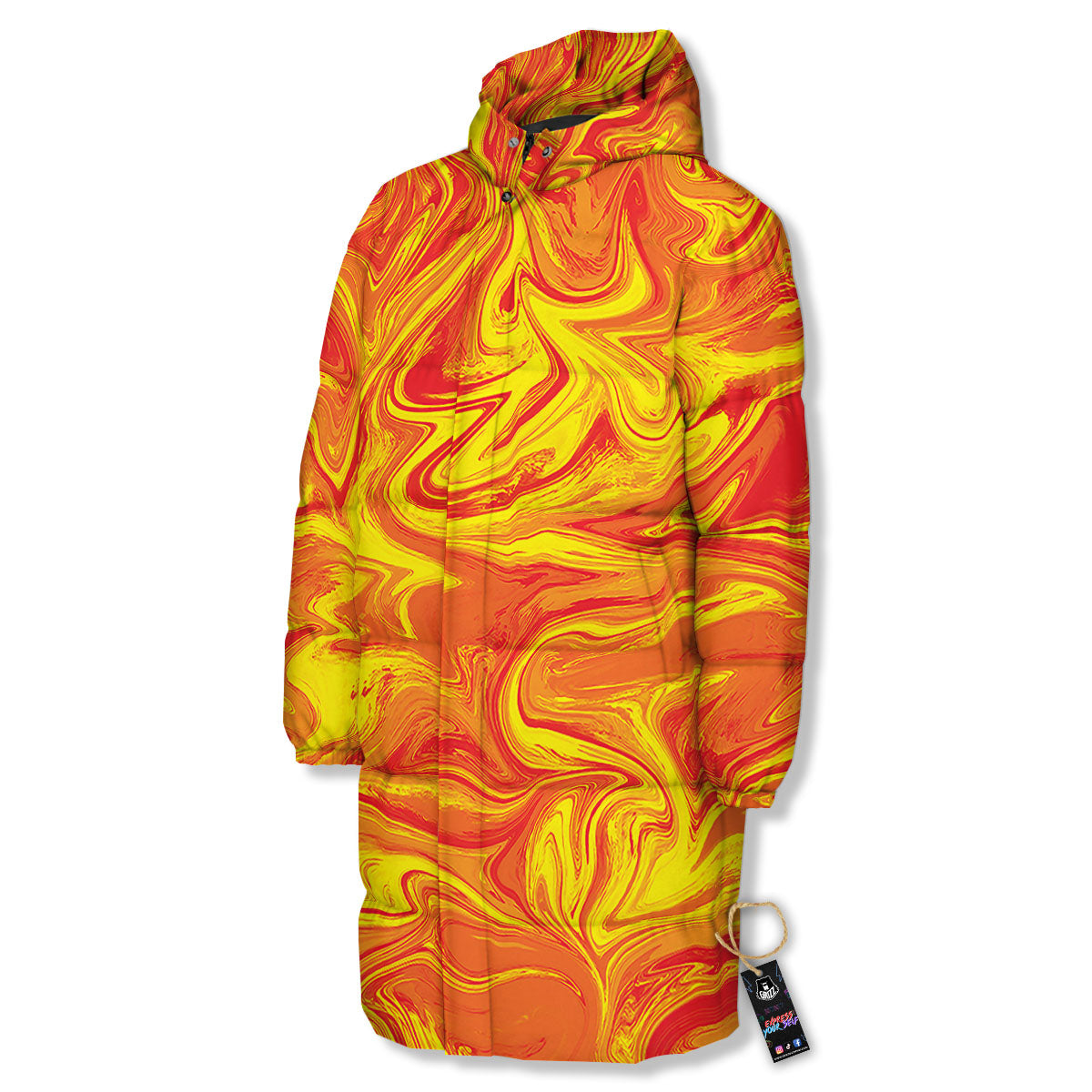 Liquid Psychedelic Trippy Orange Print Long Down Jacket-grizzshop
