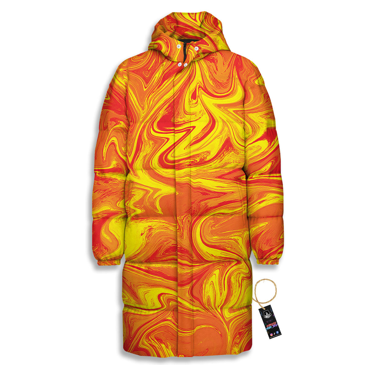 Liquid Psychedelic Trippy Orange Print Long Down Jacket-grizzshop