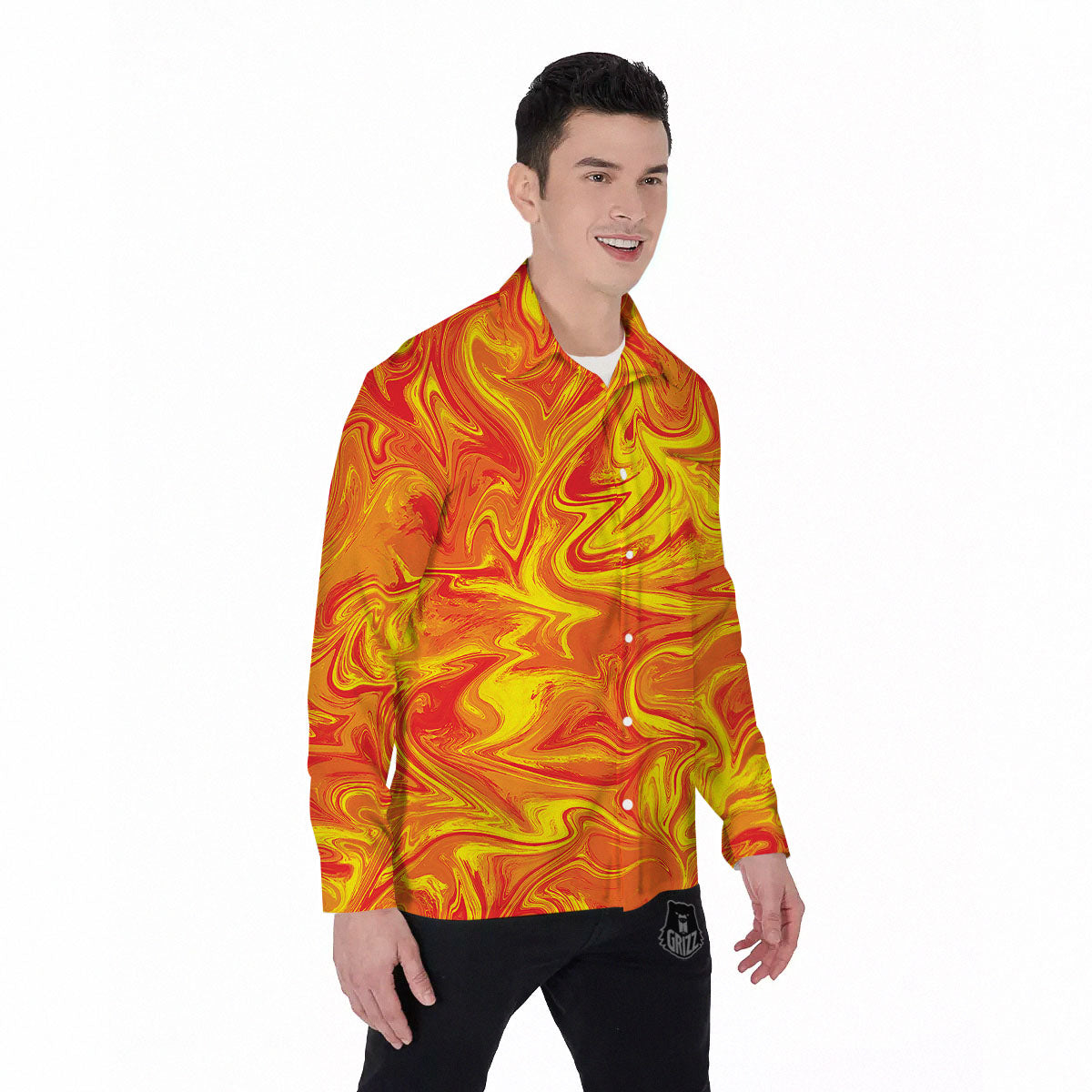 Liquid Psychedelic Trippy Orange Print Men's Long Sleeve Shirts-grizzshop