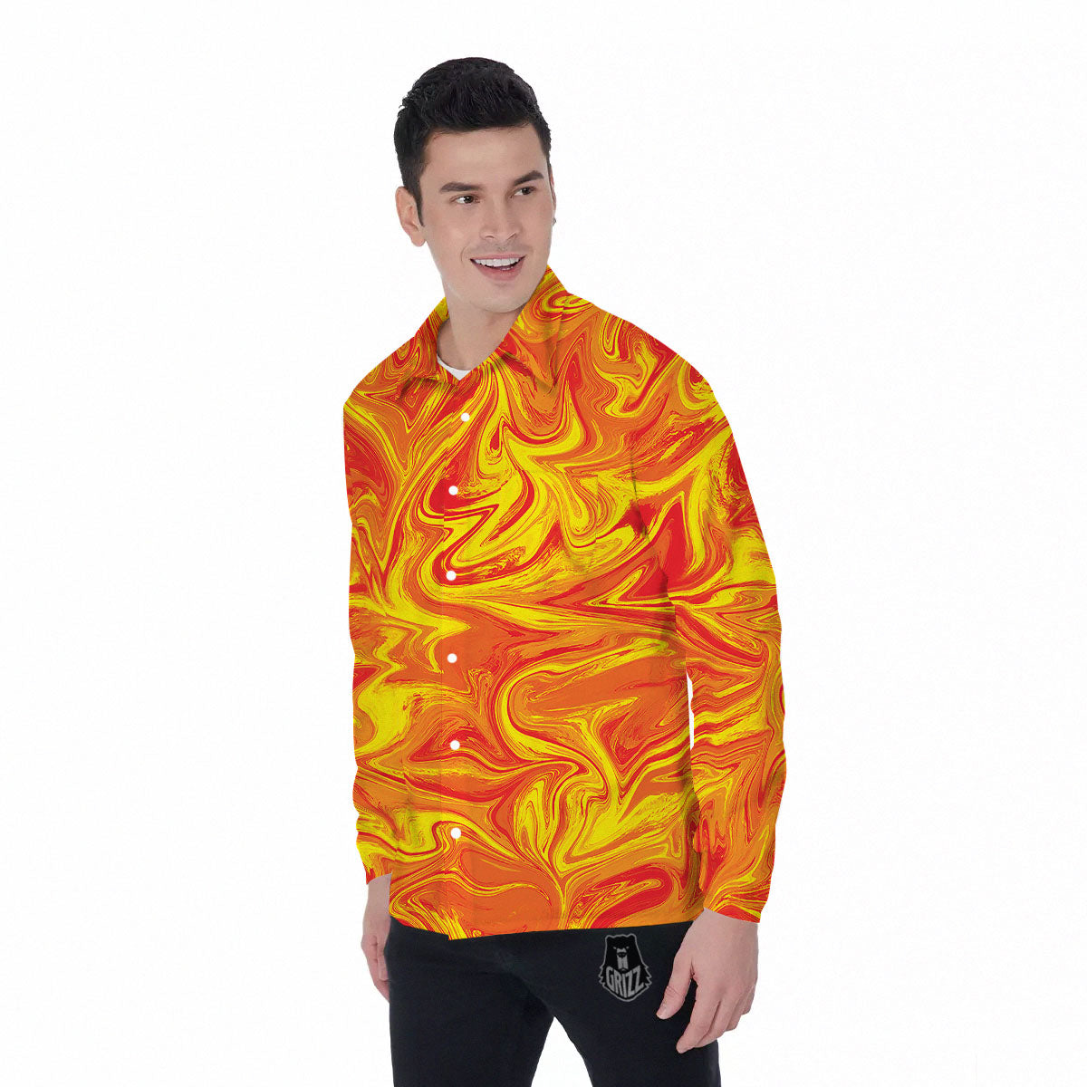 Liquid Psychedelic Trippy Orange Print Men's Long Sleeve Shirts-grizzshop