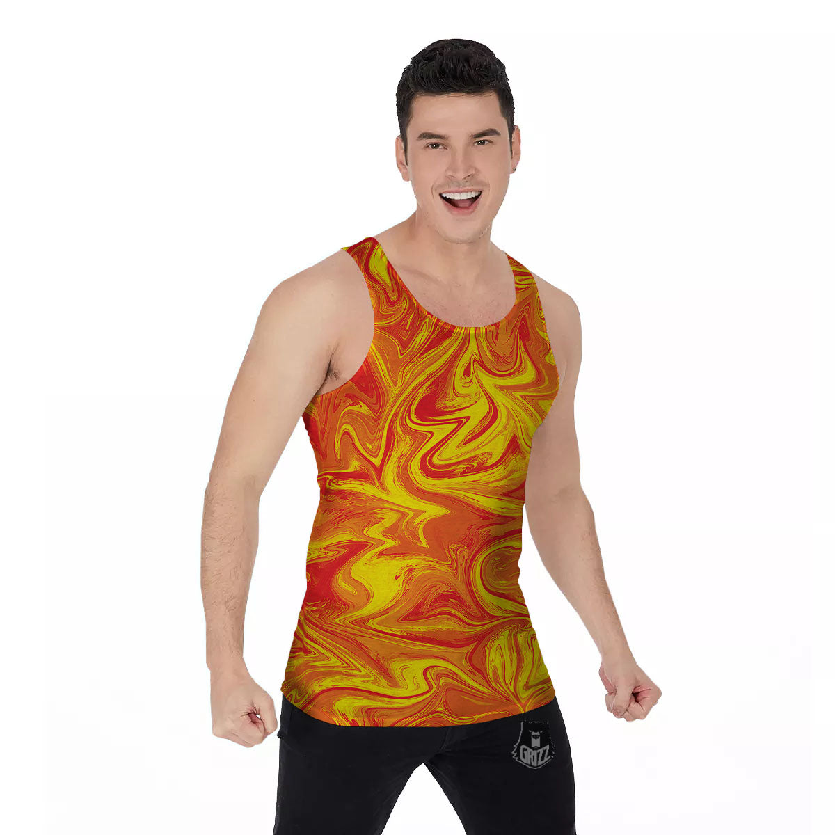 Liquid Psychedelic Trippy Orange Print Men's Tank Top-grizzshop