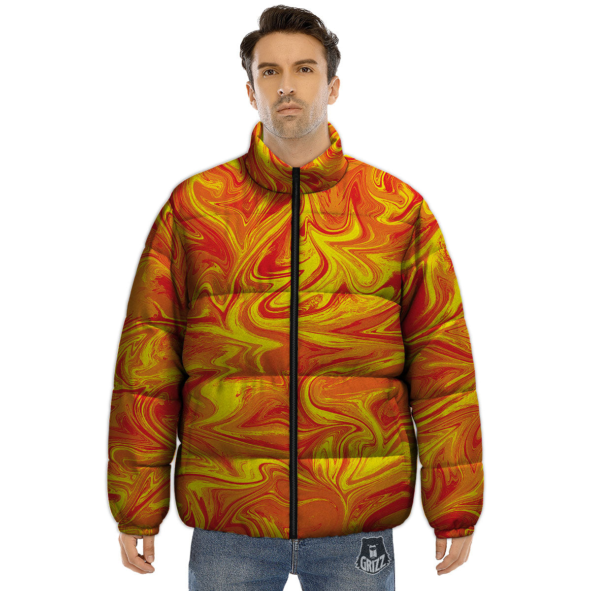 Liquid Psychedelic Trippy Orange Print Puffer Jacket-grizzshop