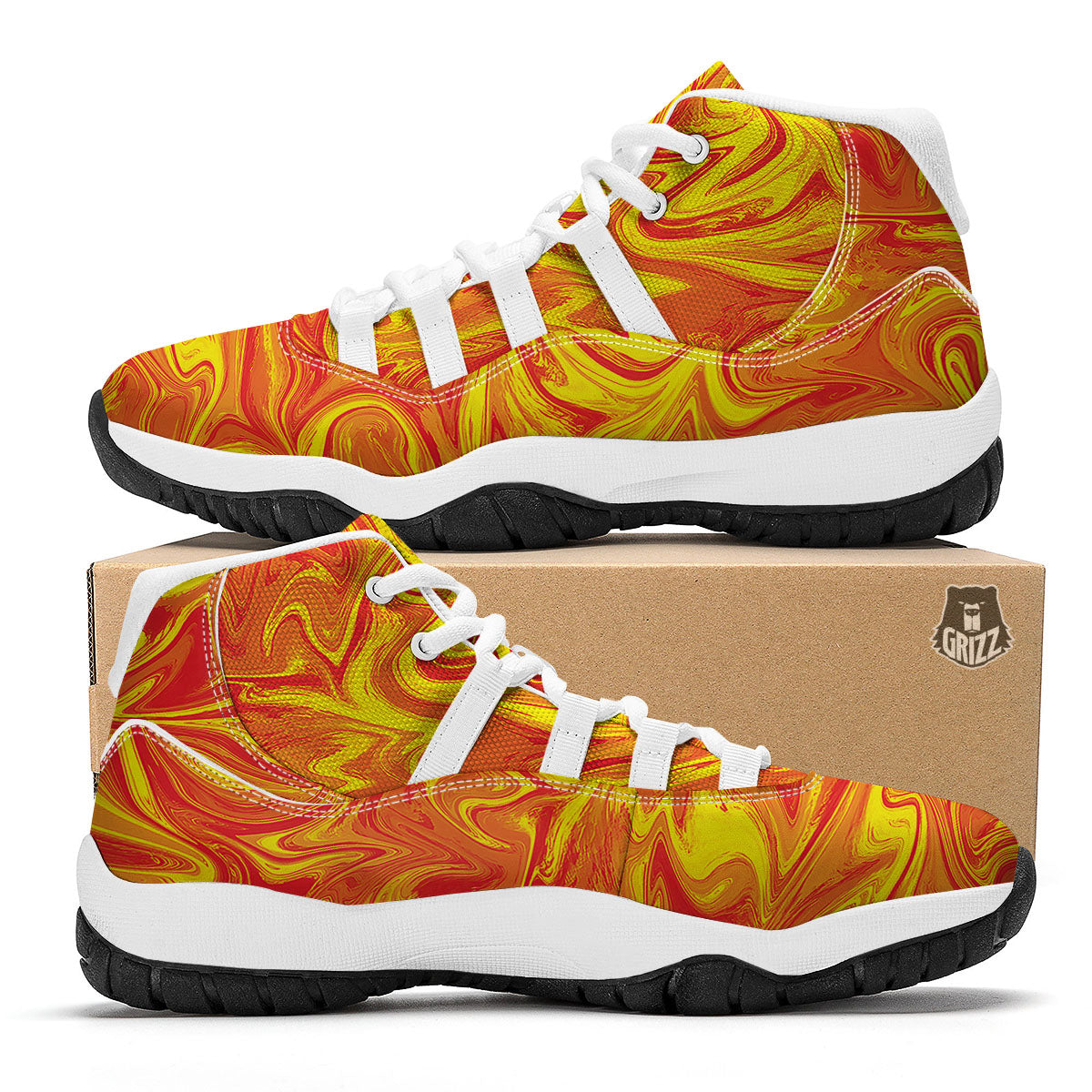 Liquid Psychedelic Trippy Orange Print White Bball Shoes-grizzshop