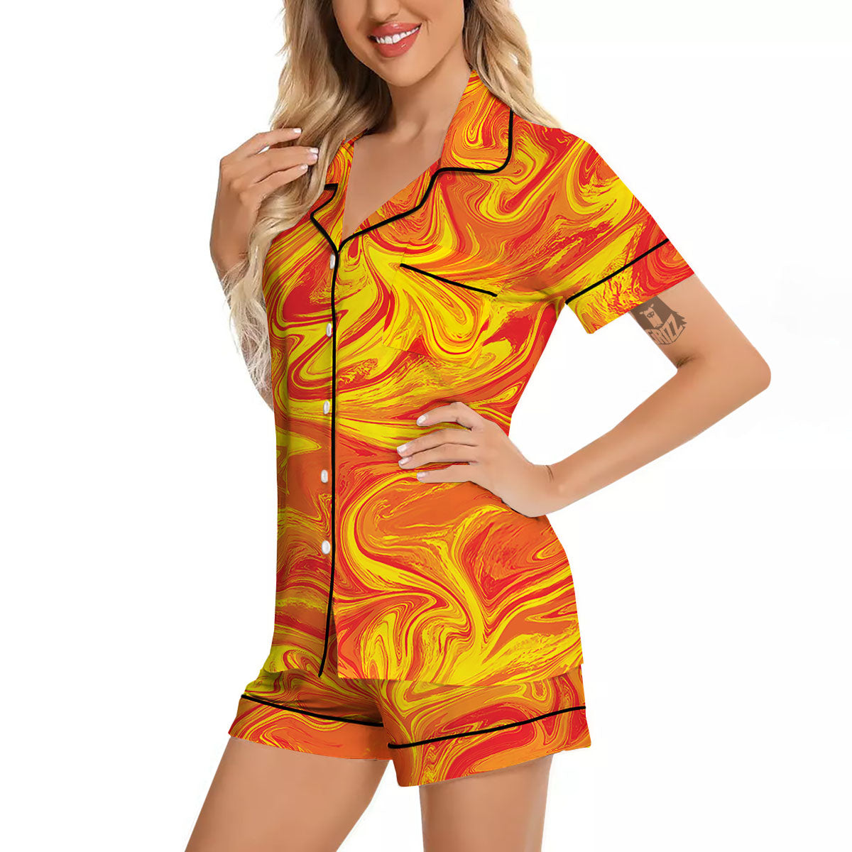 Liquid Psychedelic Trippy Orange Print Women Silk Pajamas-grizzshop