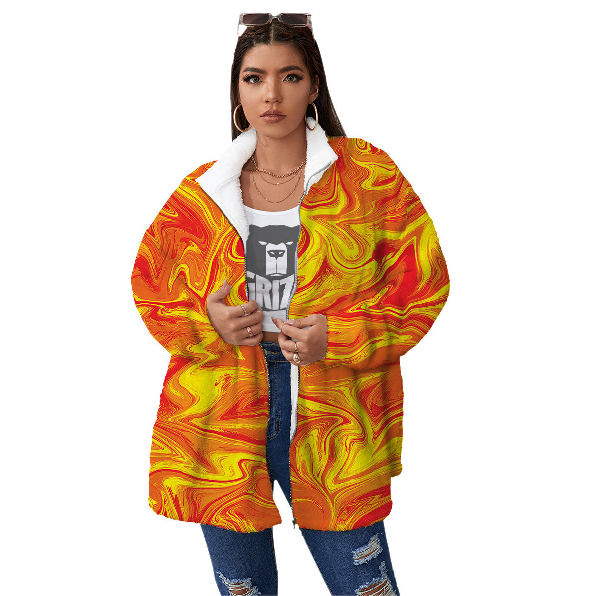 Liquid Psychedelic Trippy Orange Print Women's Sherpa Jacket-grizzshop