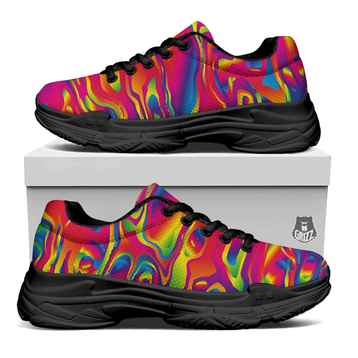 Liquid Trippy Abstract Colorful Print Black Chunky Shoes-grizzshop