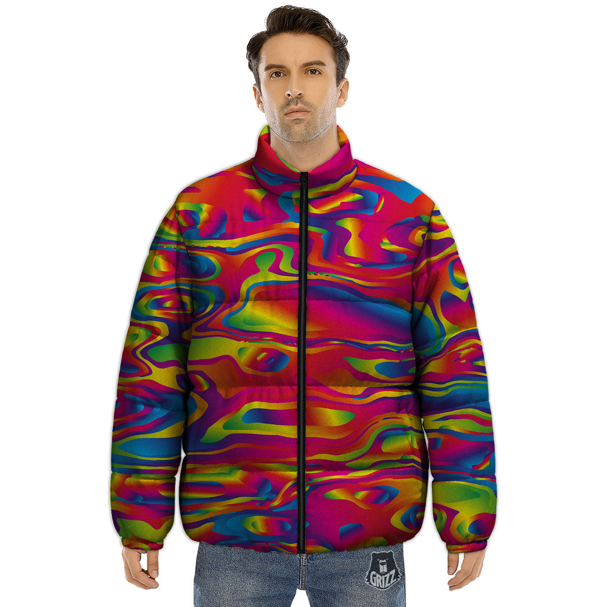 Liquid Trippy Abstract Colorful Print Puffer Jacket-grizzshop