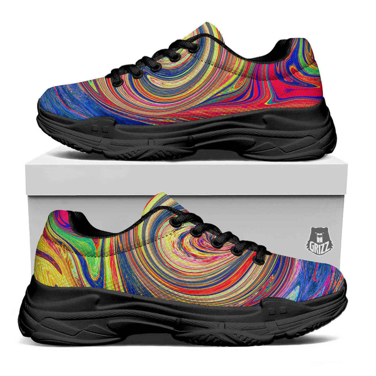 Liquid Trippy Abstract Psychedelic Print Black Chunky Shoes-grizzshop