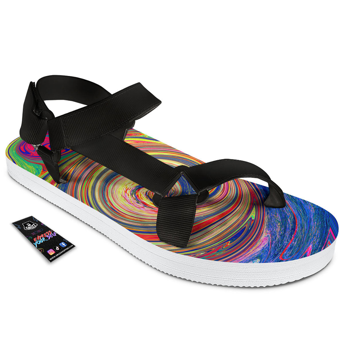 Liquid Trippy Abstract Psychedelic Print Black Open Toe Sandals-grizzshop