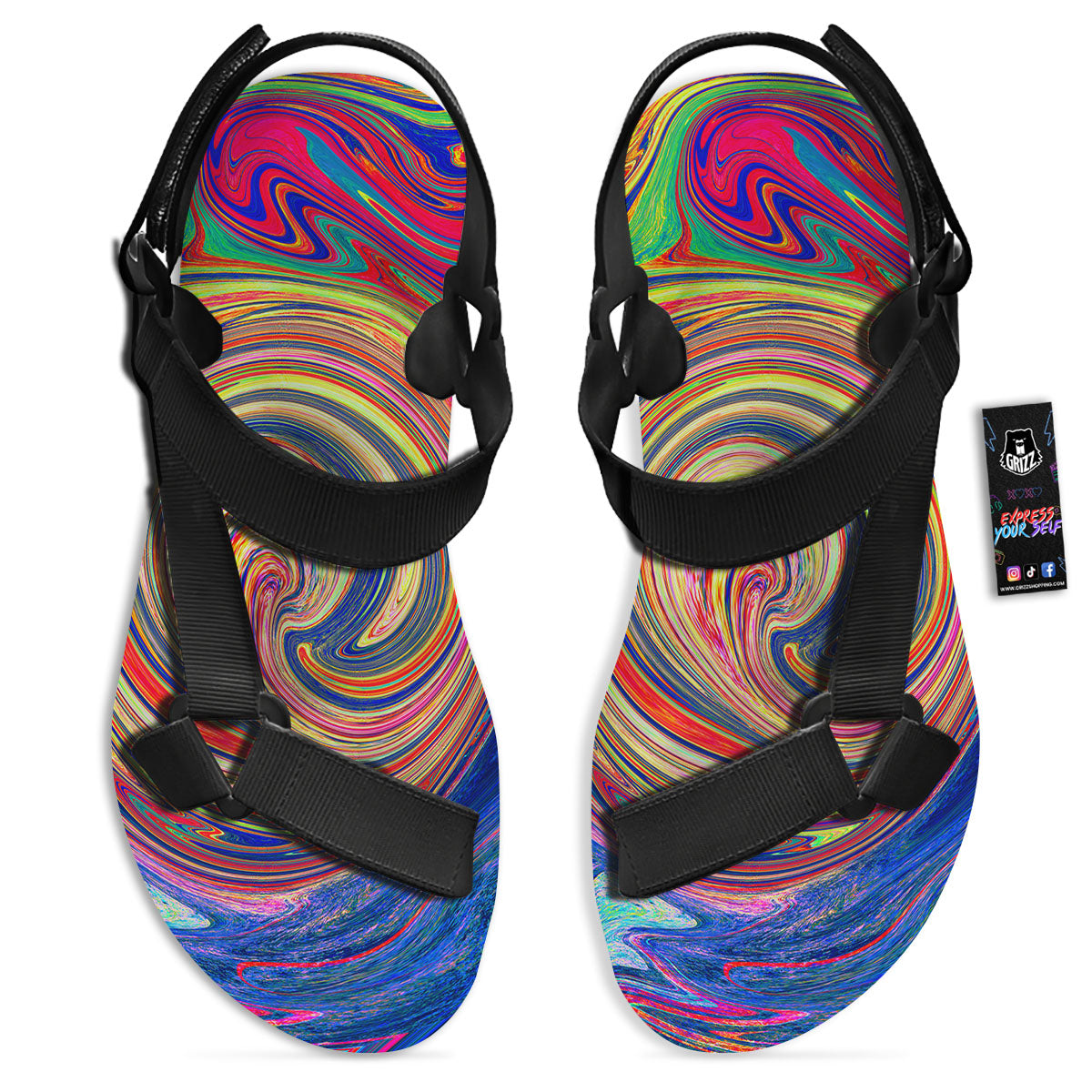Liquid Trippy Abstract Psychedelic Print Black Open Toe Sandals-grizzshop