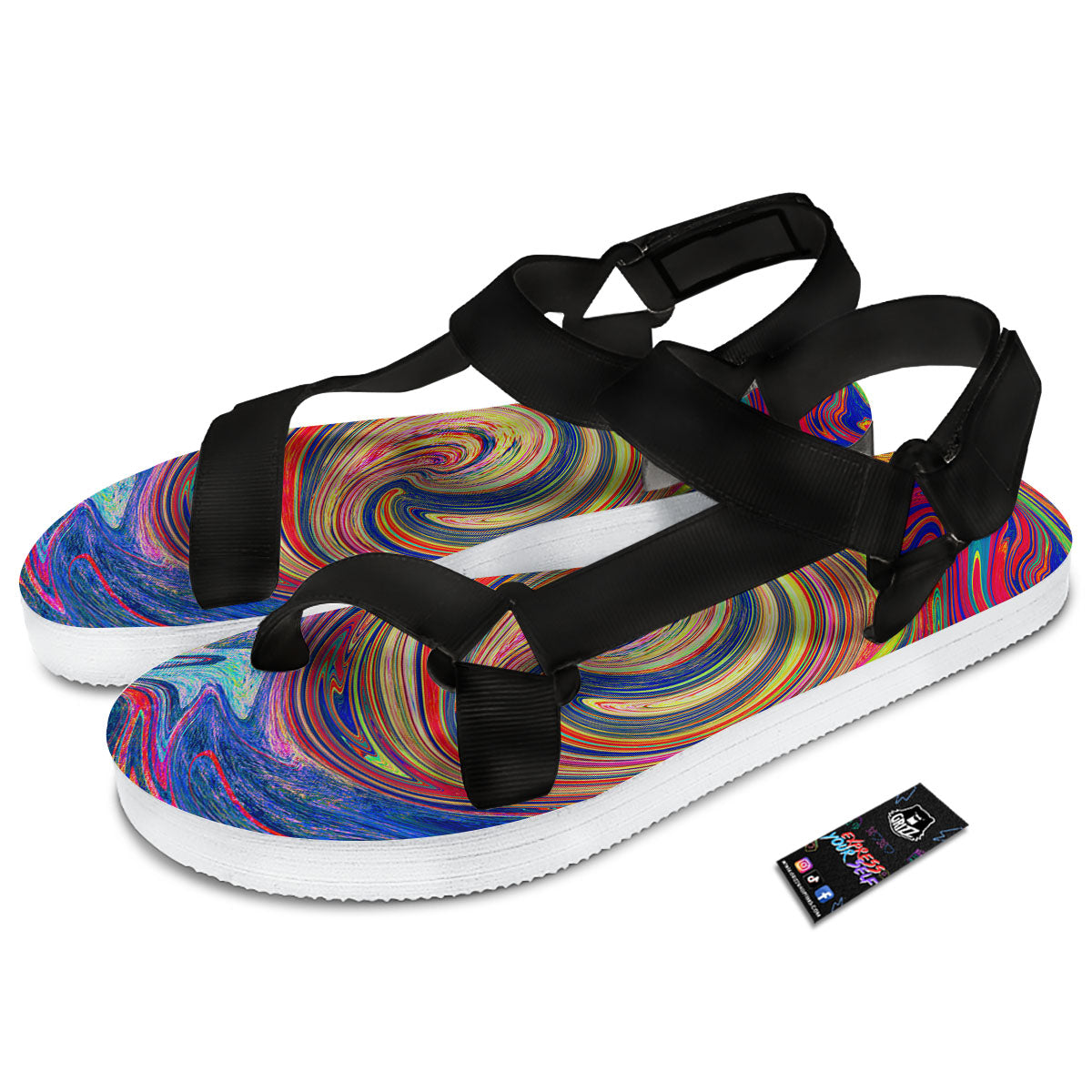 Liquid Trippy Abstract Psychedelic Print Black Open Toe Sandals-grizzshop