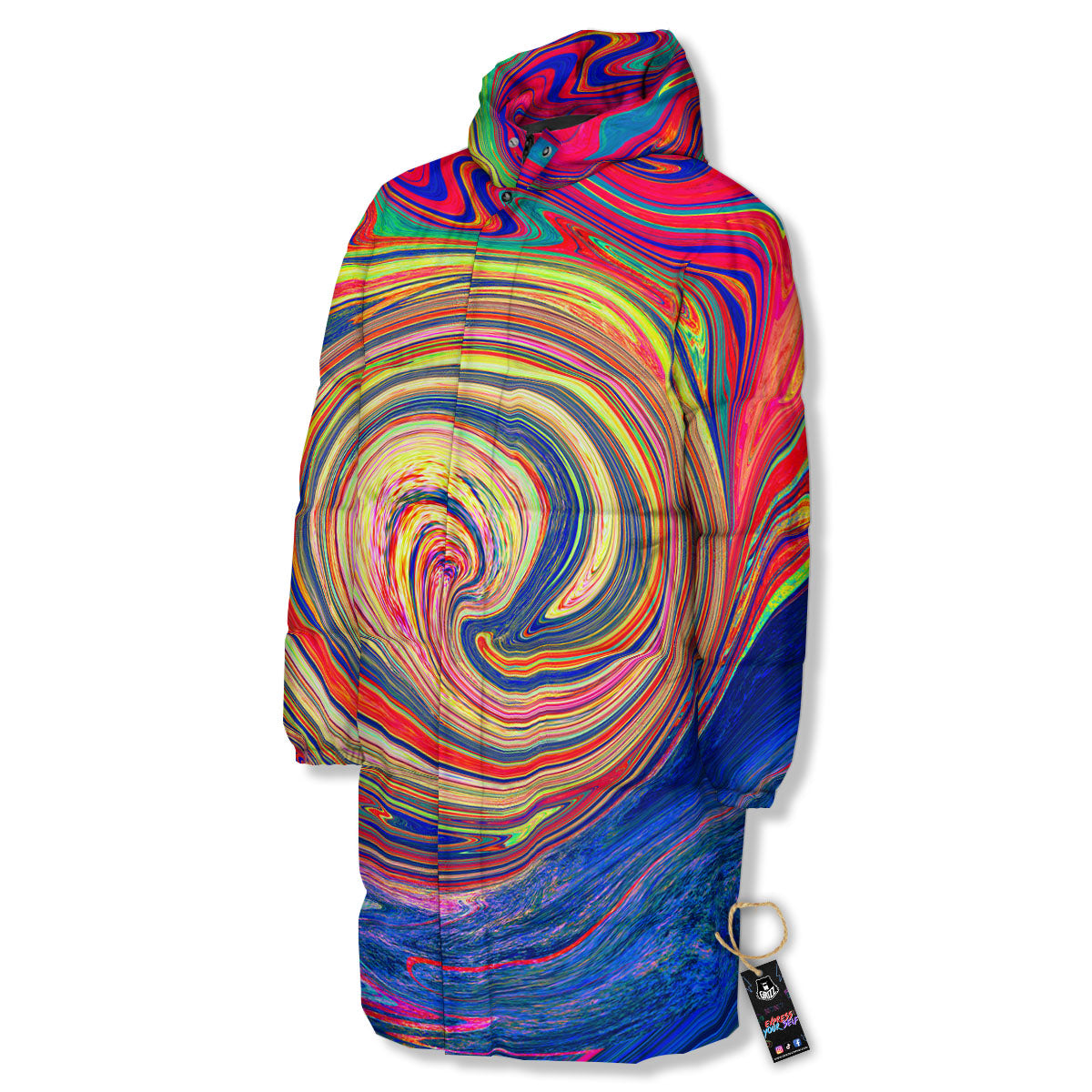 Liquid Trippy Abstract Psychedelic Print Long Down Jacket-grizzshop