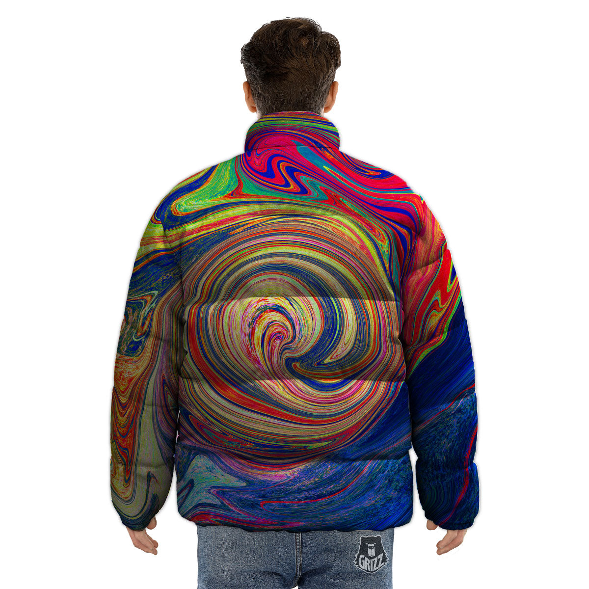 Liquid Trippy Abstract Psychedelic Print Puffer Jacket-grizzshop
