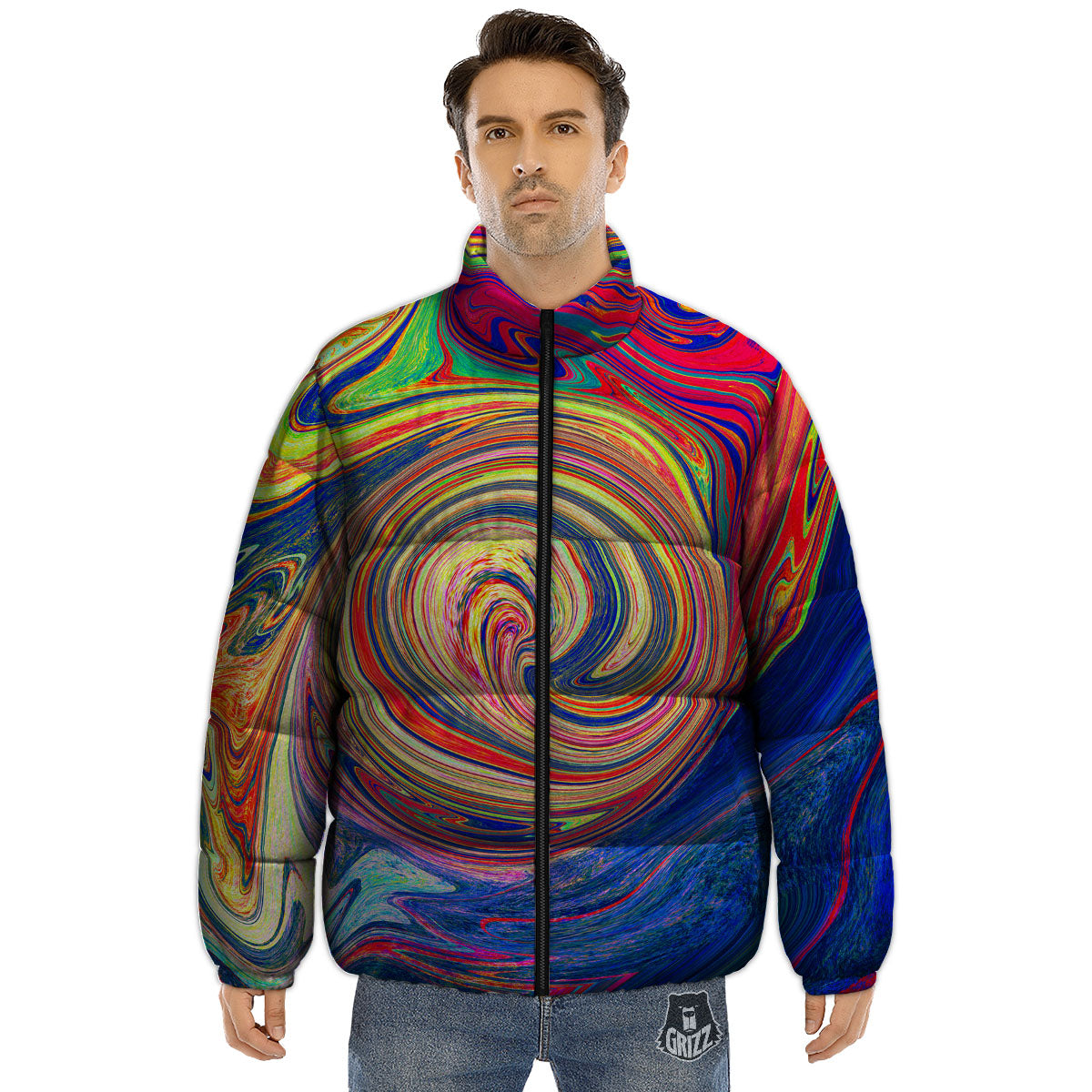 Liquid Trippy Abstract Psychedelic Print Puffer Jacket-grizzshop