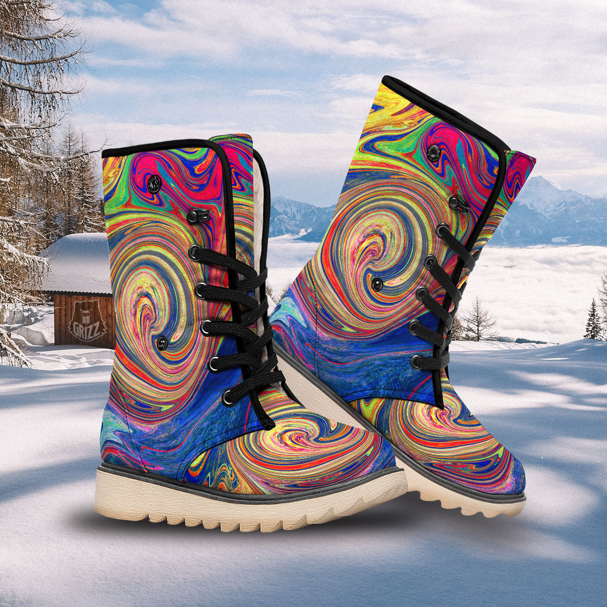 Liquid Trippy Abstract Psychedelic Print Snow Boots-grizzshop