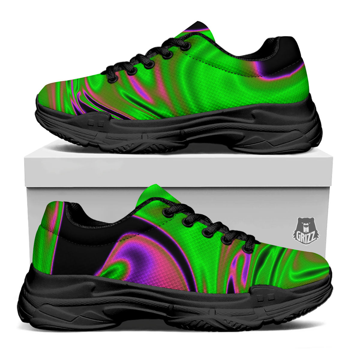 Liquid Trippy Green Abstract Print Black Chunky Shoes-grizzshop