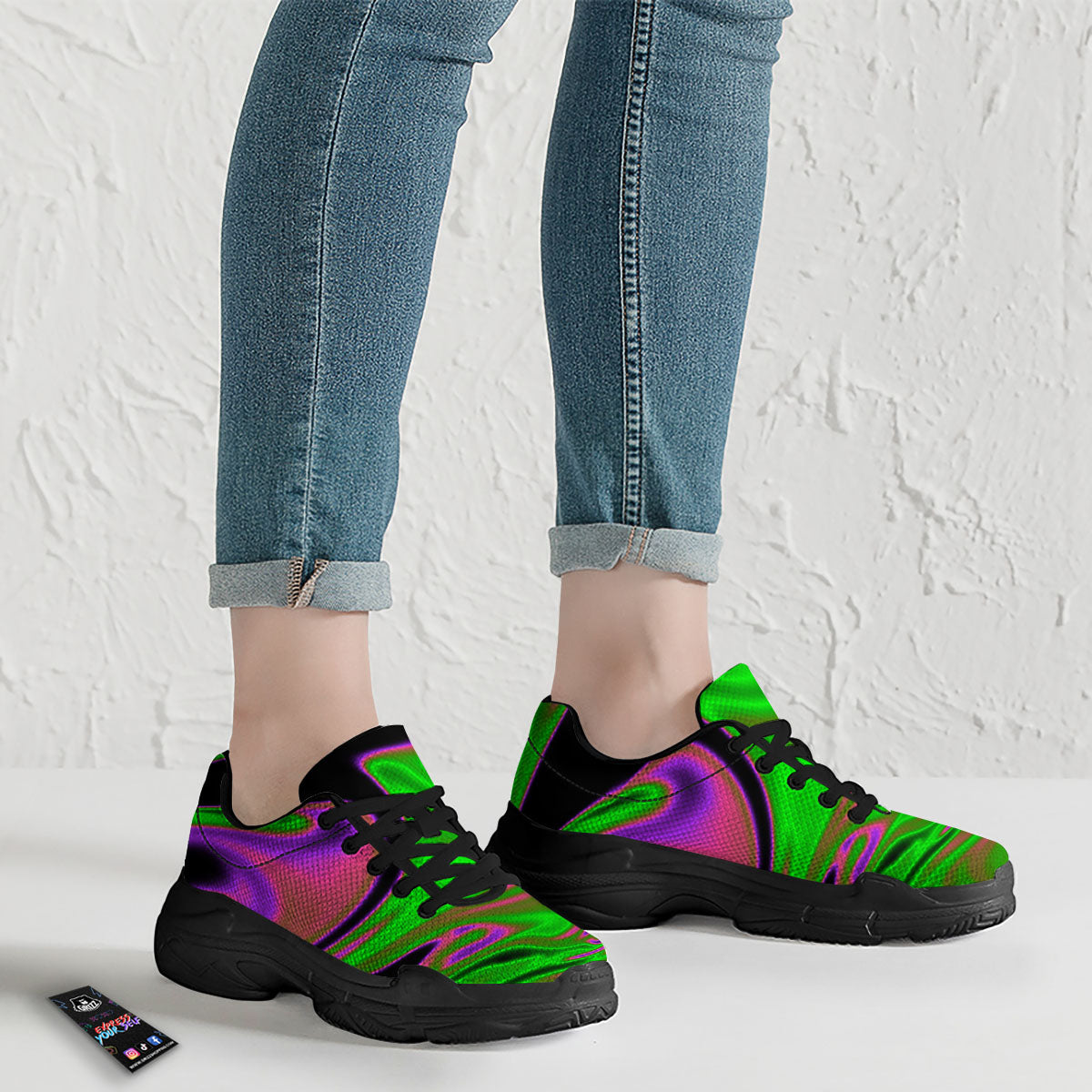 Liquid Trippy Green Abstract Print Black Chunky Shoes-grizzshop
